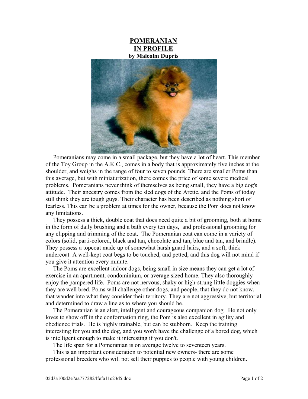 POMERANIAN Breed Profile Page 1 of 2