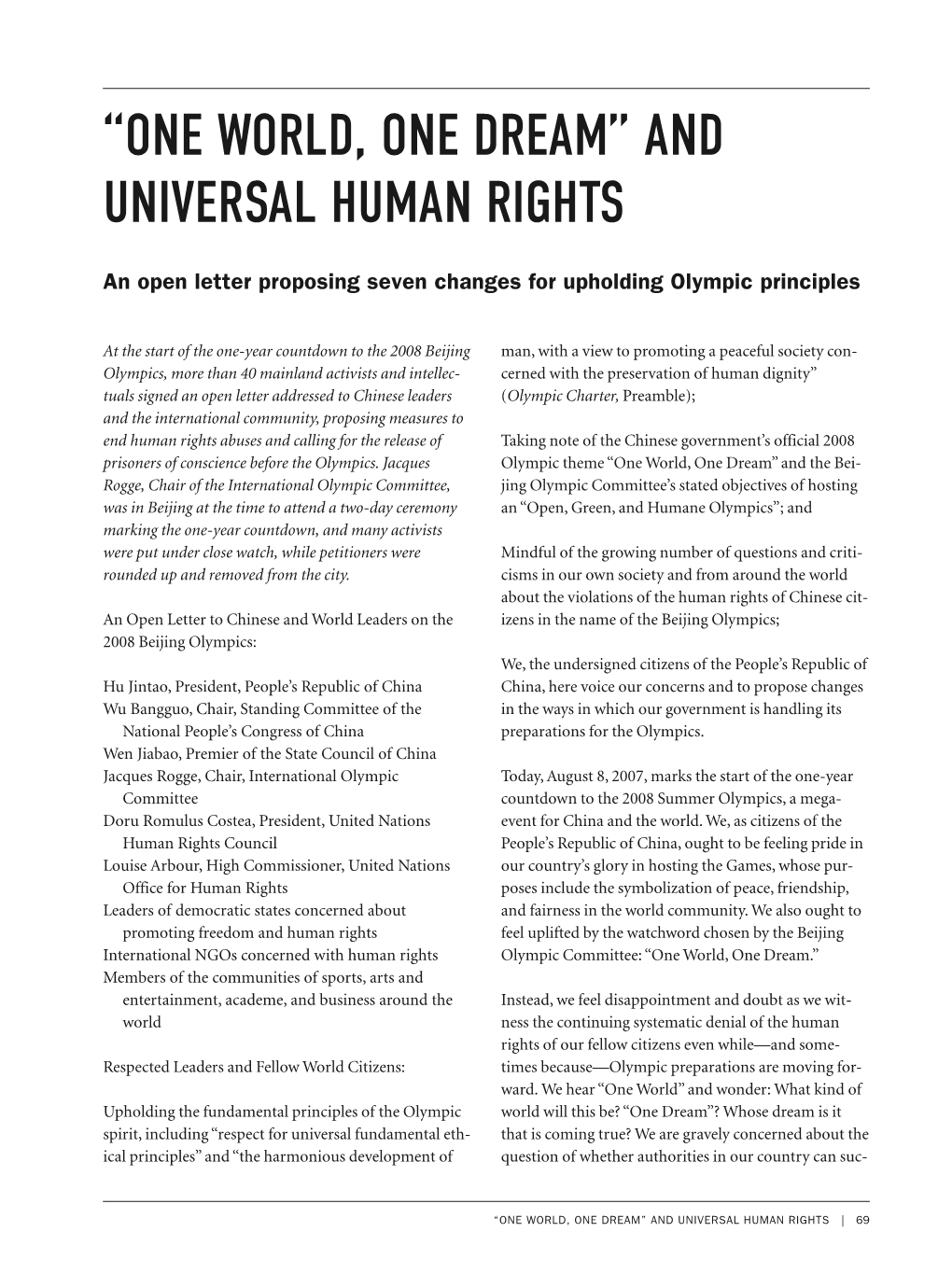 “One World, One Dream” and Universal Human Rights