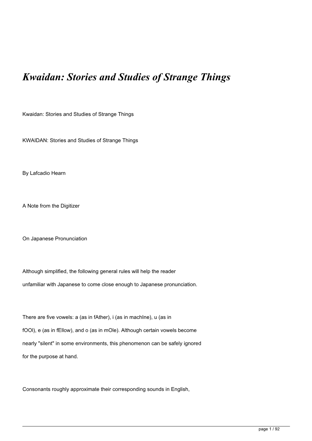 Kwaidan: Stories and Studies of Strange Things</H1>