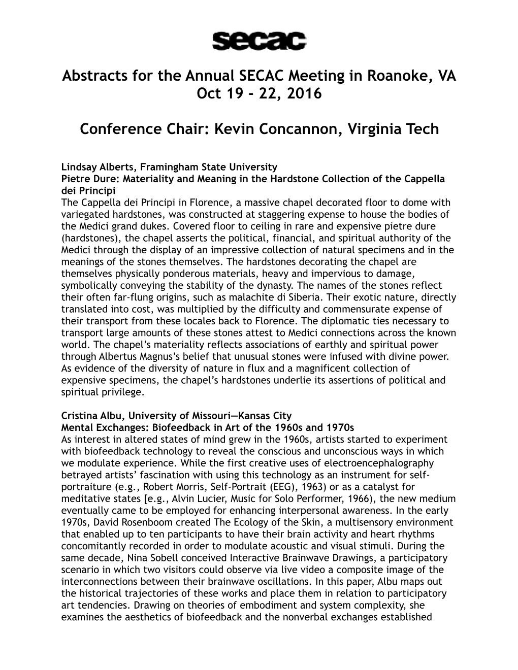 Abstracts for the Annual SECAC Meeting in Roanoke, VA Oct 19 - 22, 2016