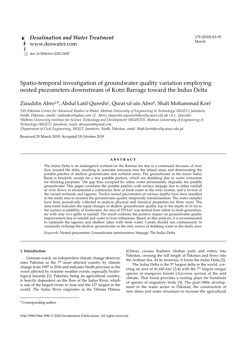 Spatio-Temporal Investigation of Groundwater Quality Variation Employing Nested Piezometers Downstream of Kotri Barrage Toward the Indus Delta