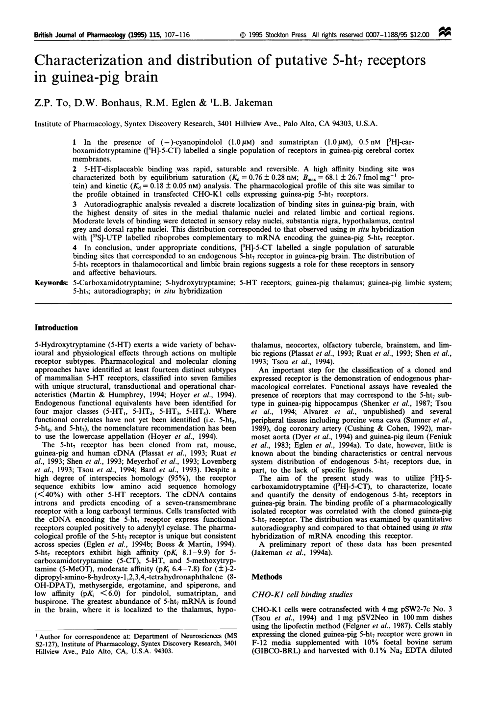 Characterization and Distribution of Putative 5-Ht7 Receptors in Guinea-Pig Brain