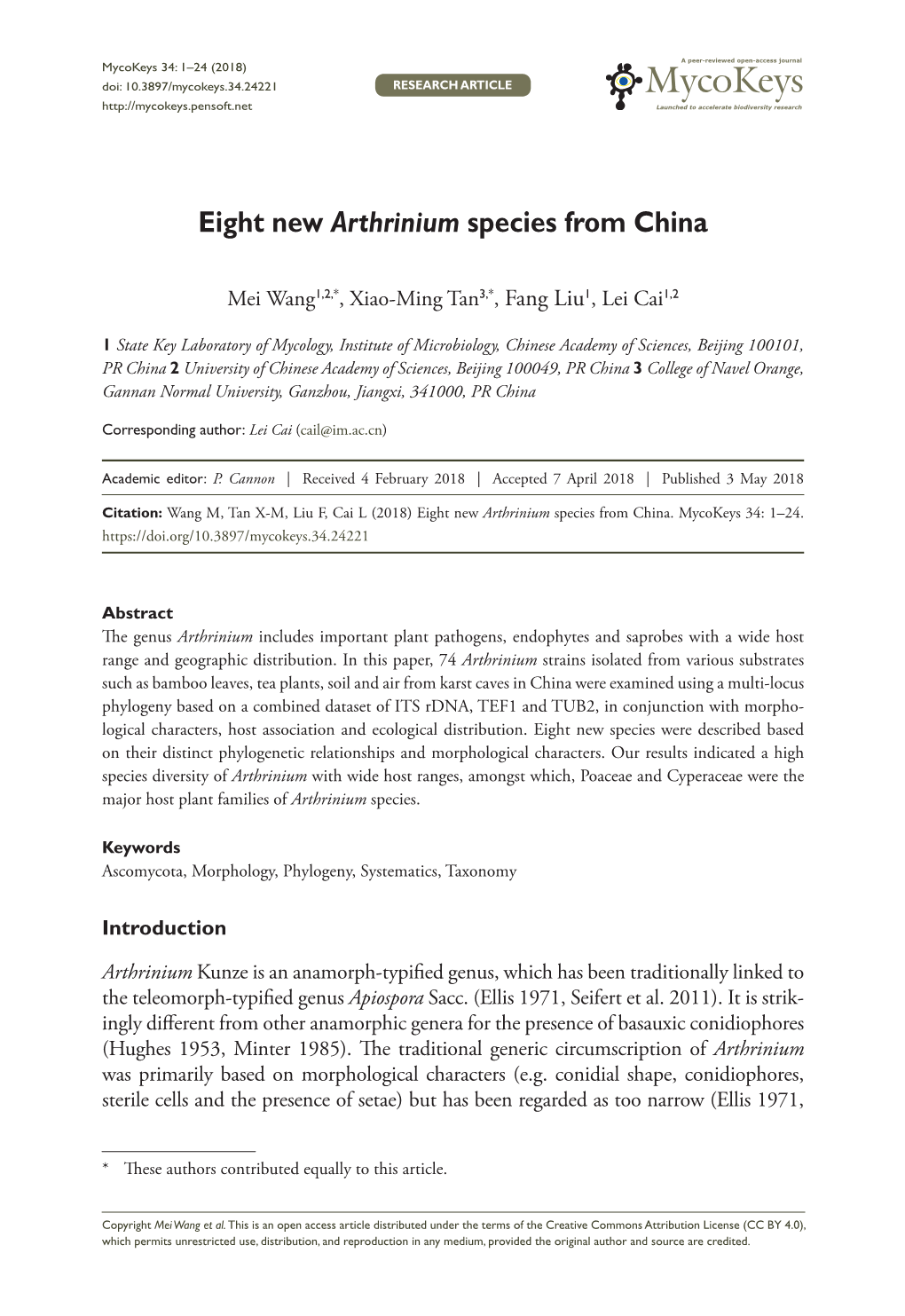 ﻿Eight New Arthrinium Species from China