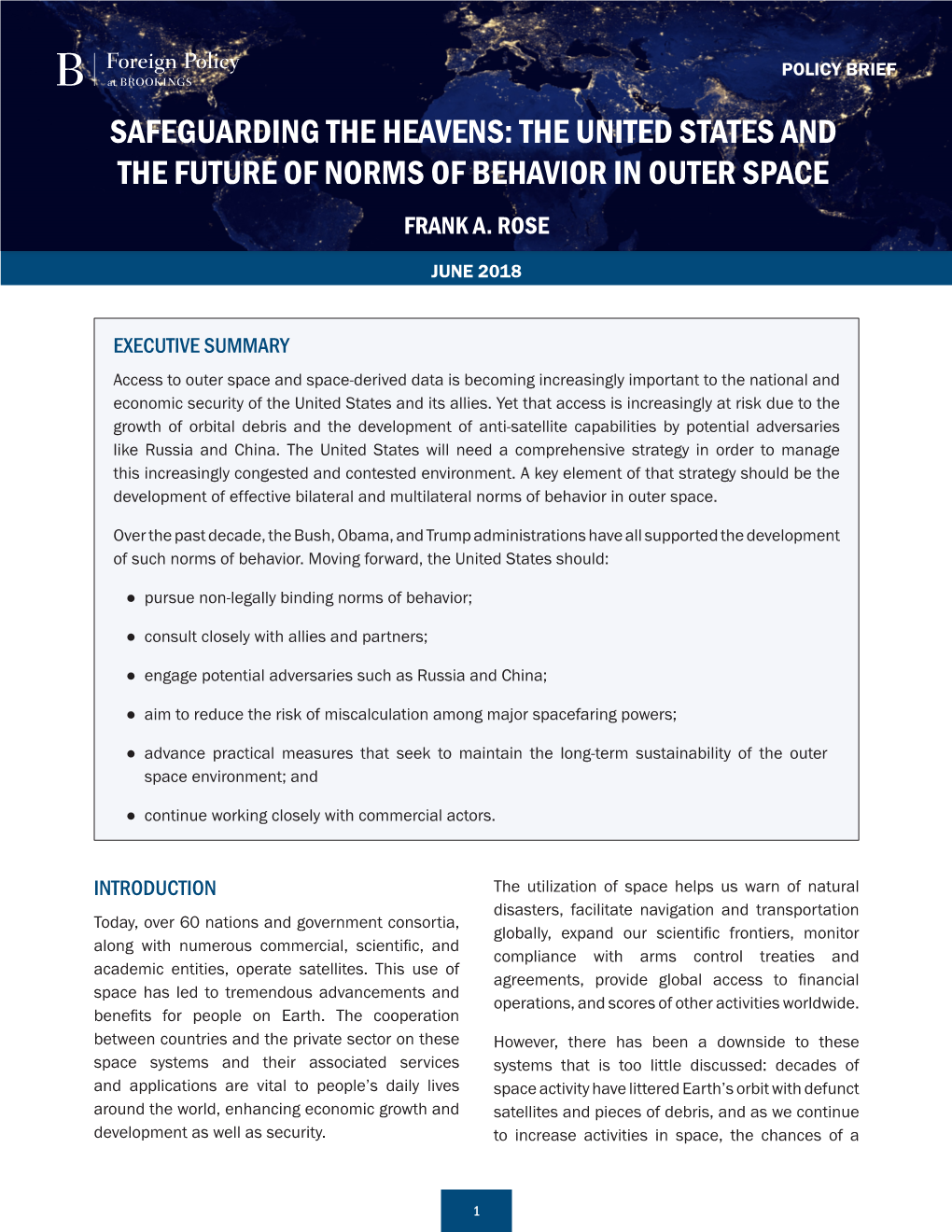 The United States and the Future of Norms of Behavior in Outer Space Frank A