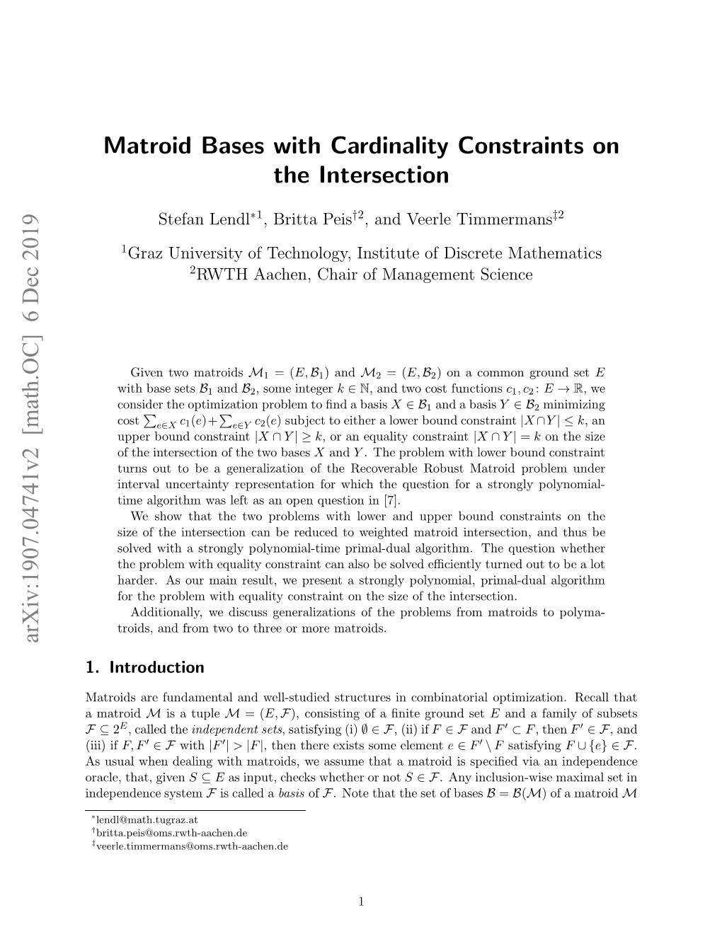 Matroid Bases with Cardinality Constraints on the Intersection