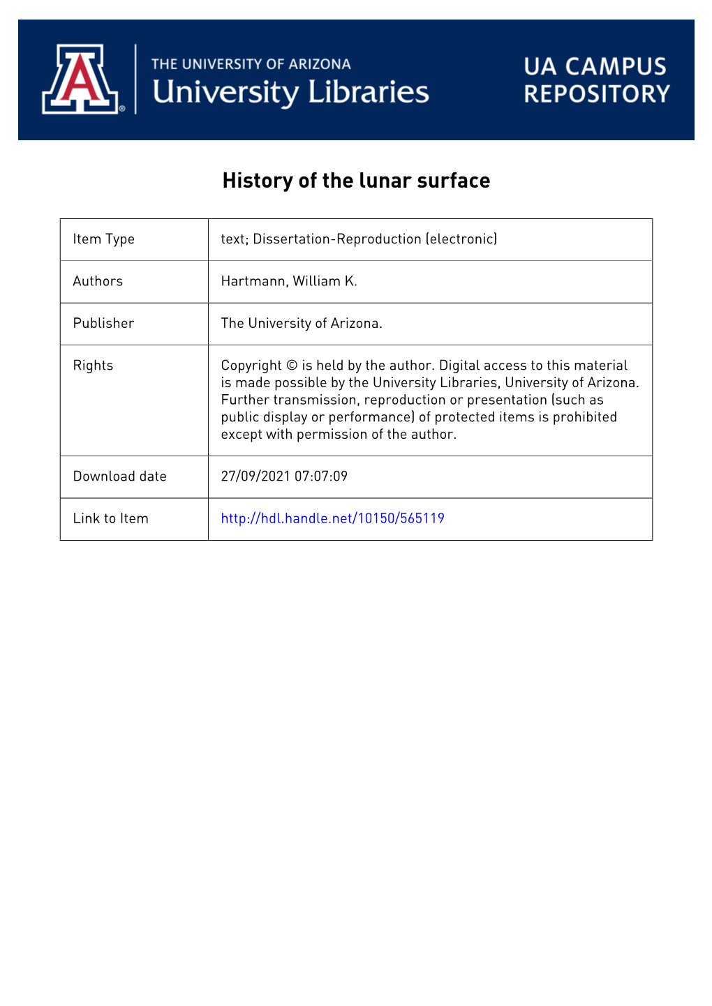 HISTORY of the LUHAR SURFACE William K%° Hartmann A