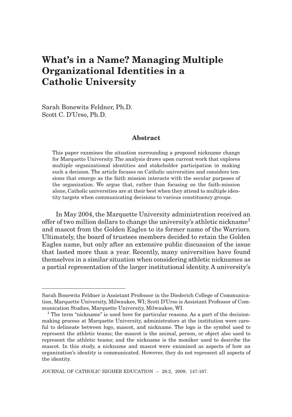 Managing Multiple Organizational Identities in a Catholic University