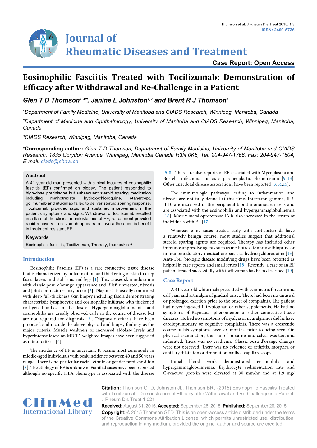 Eosinophilic Fasciitis Treated with Tocilizumab