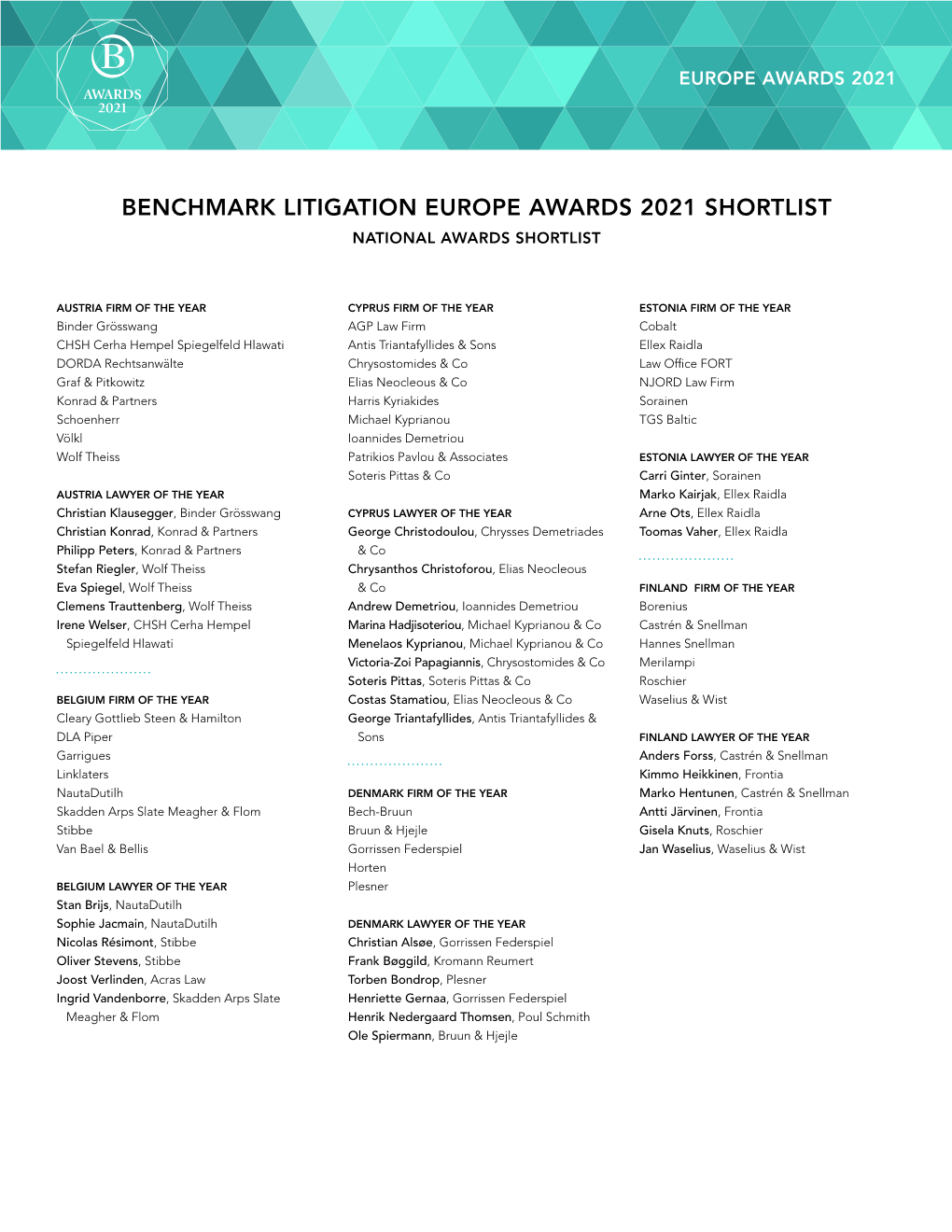 Benchmark Litigation Europe Awards 2021 Shortlist National Awards Shortlist