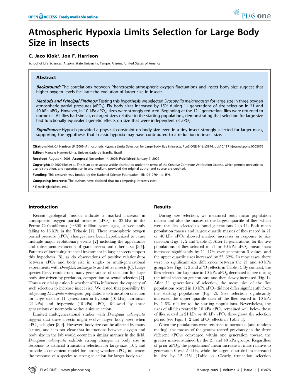 Atmospheric Hypoxia Limits Selection for Large Body Size in Insects