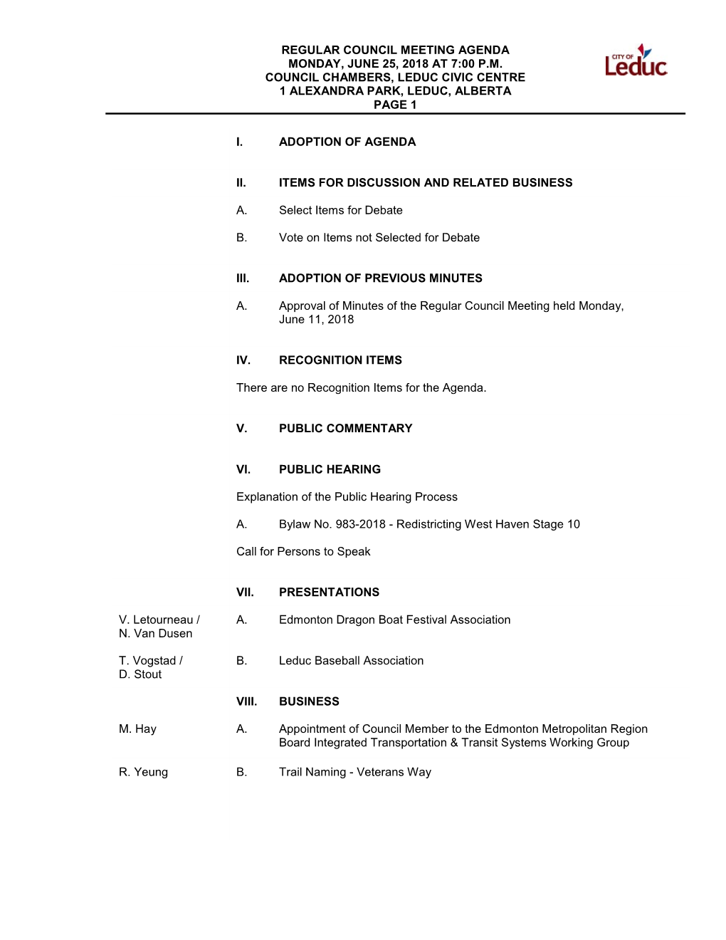 Regular Council Meeting Agenda Monday, June 25, 2018 at 7:00 P.M