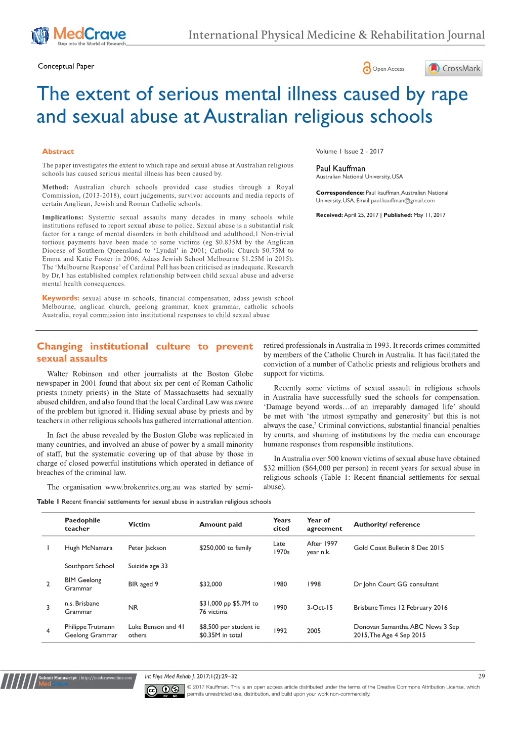 The Extent of Serious Mental Illness Caused by Rape and Sexual Abuse at Australian Religious Schools