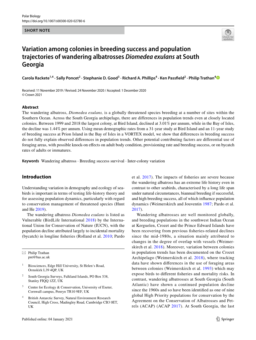 Variation Among Colonies in Breeding Success and Population Trajectories of Wandering Albatrosses Diomedea Exulans at South Georgia