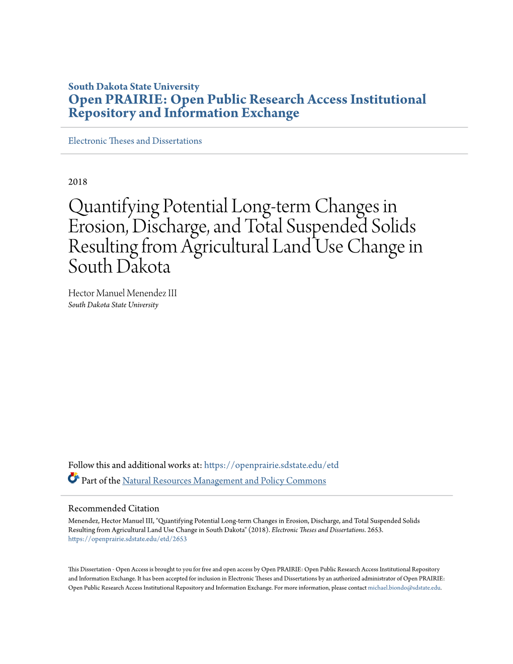 Quantifying Potential Long-Term Changes in Erosion, Discharge, and Total Suspended Solids Resulting from Agricultural Land Use C