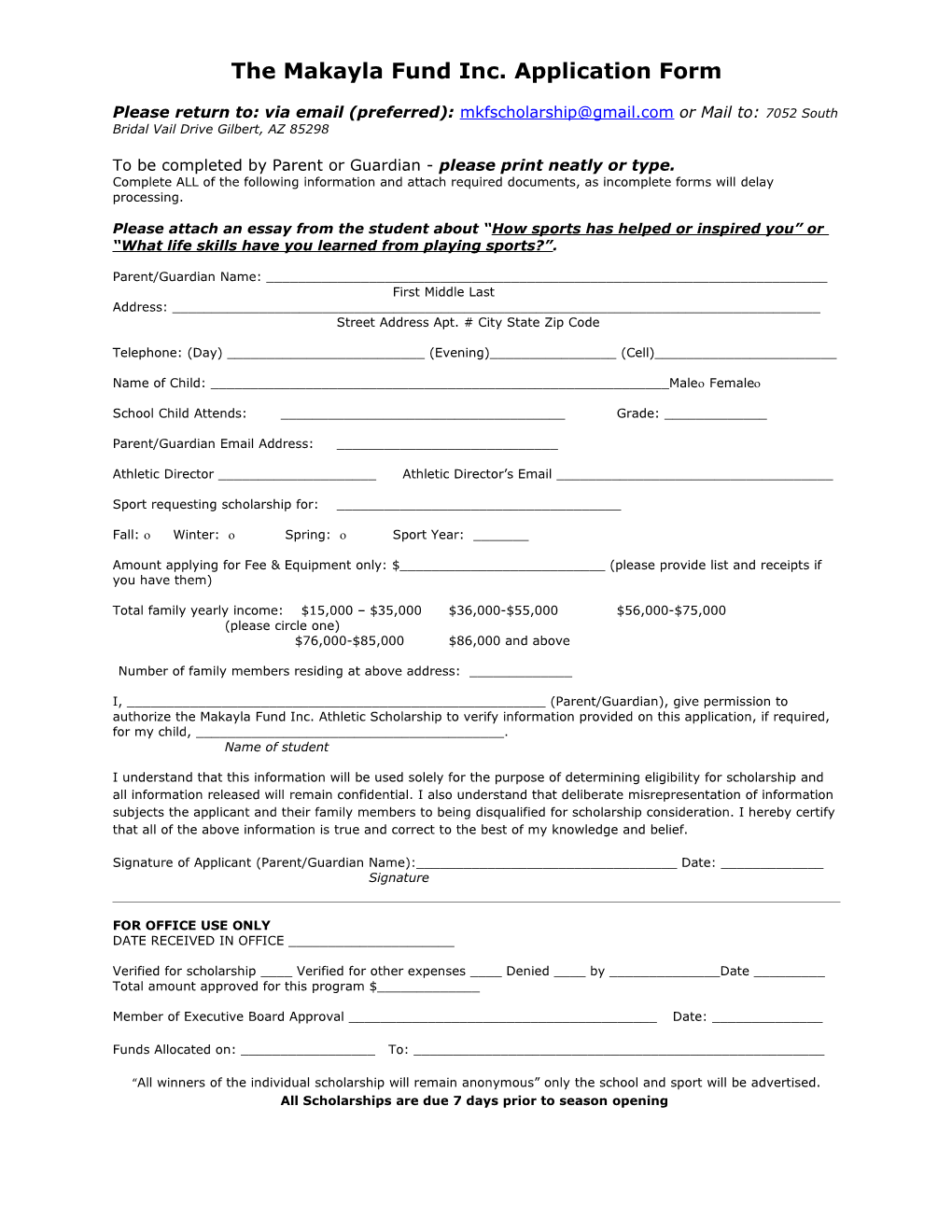 The Makayla Fund Inc. Application Form