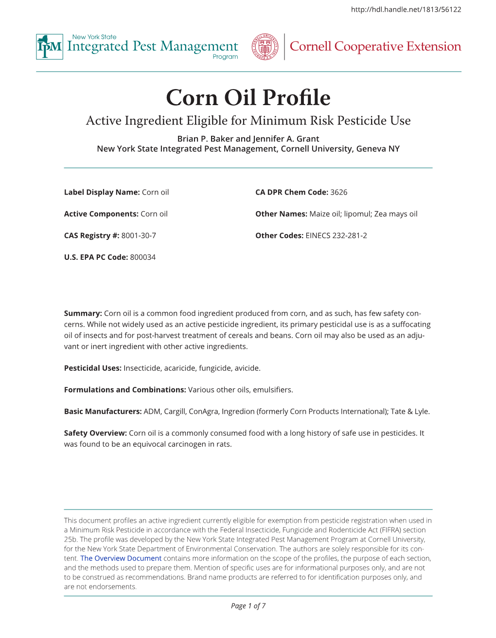 Corn Oil Profile Integrated Pest Management Cornell Cooperative Extension Program