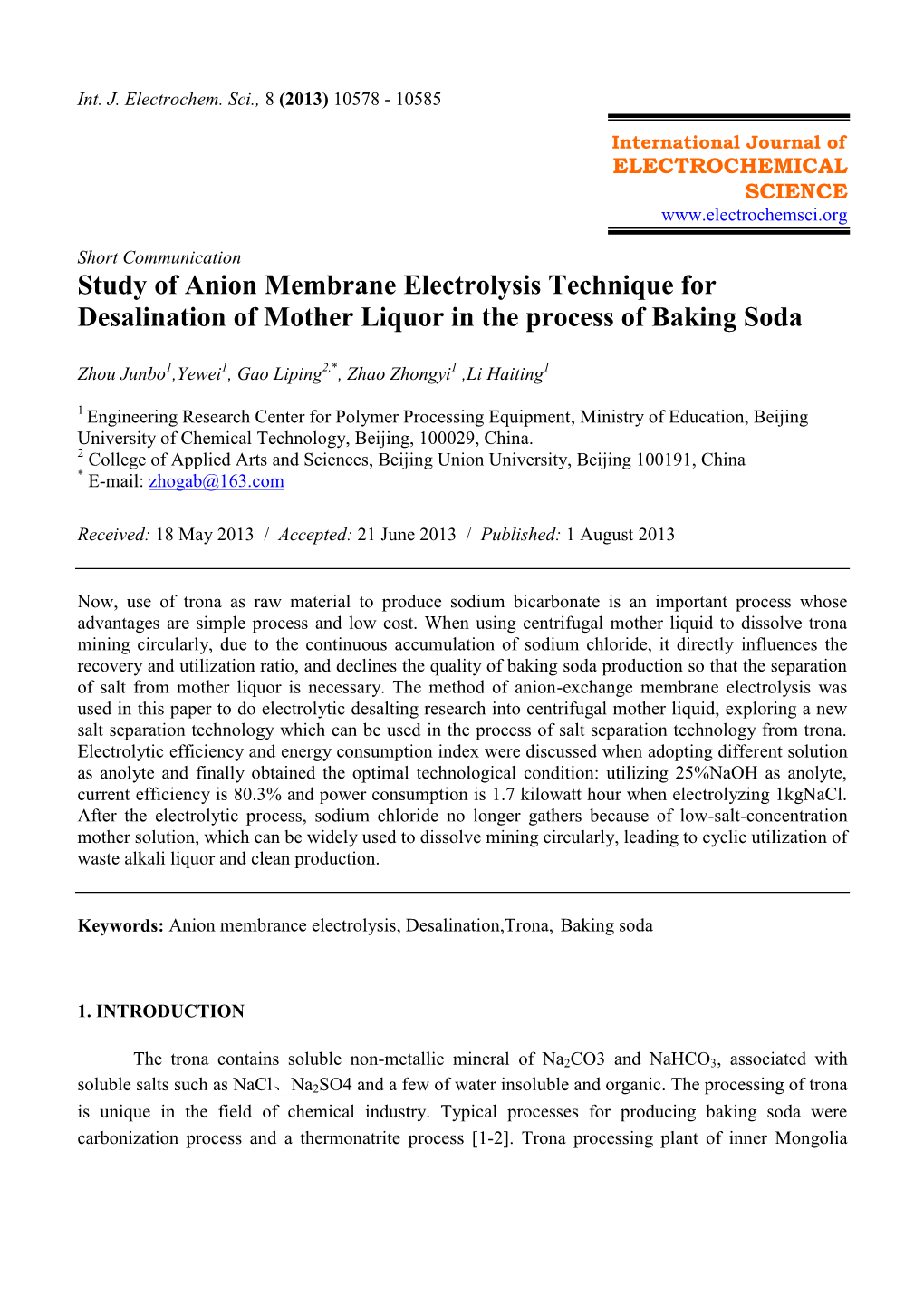 Study of Anion Membrane Electrolysis Technique for Desalination of Mother Liquor in the Process of Baking Soda