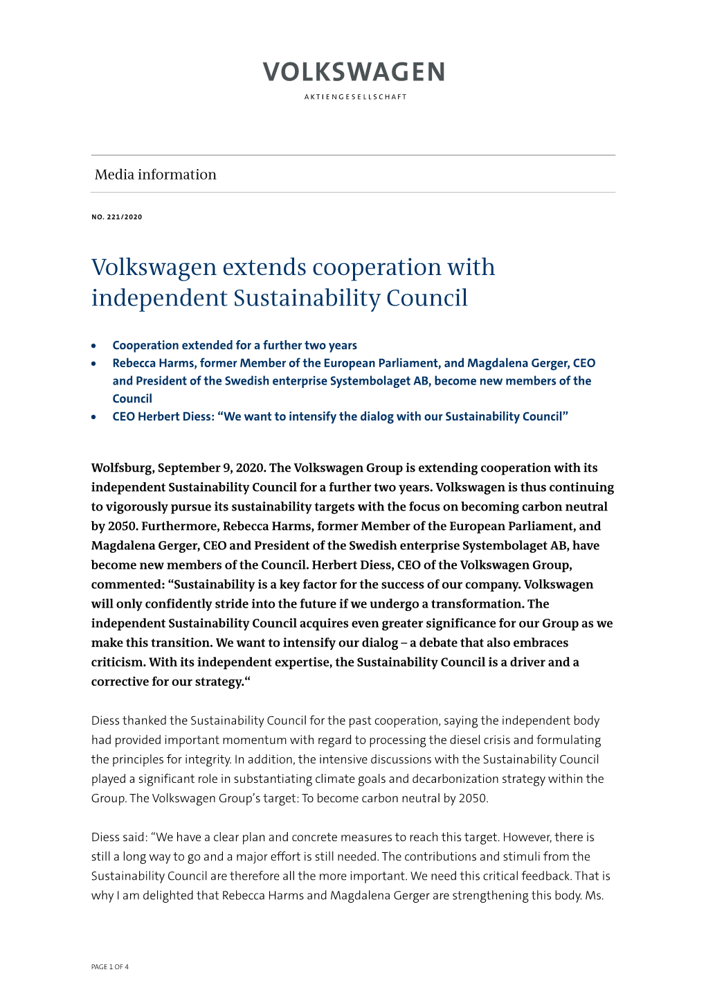 Volkswagen Extends Cooperation with Independent Sustainability Council