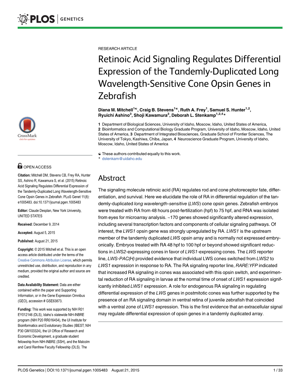Retinoic Acid Signaling Regulates Differential Expression of the Tandemly-Duplicated Long Wavelength-Sensitive Cone Opsin Genes in Zebrafish