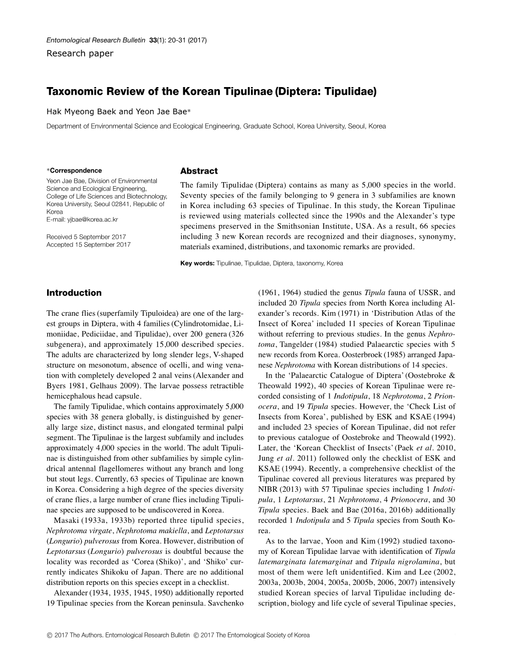 Taxonomic Review of the Korean Tipulinae (Diptera: Tipulidae)