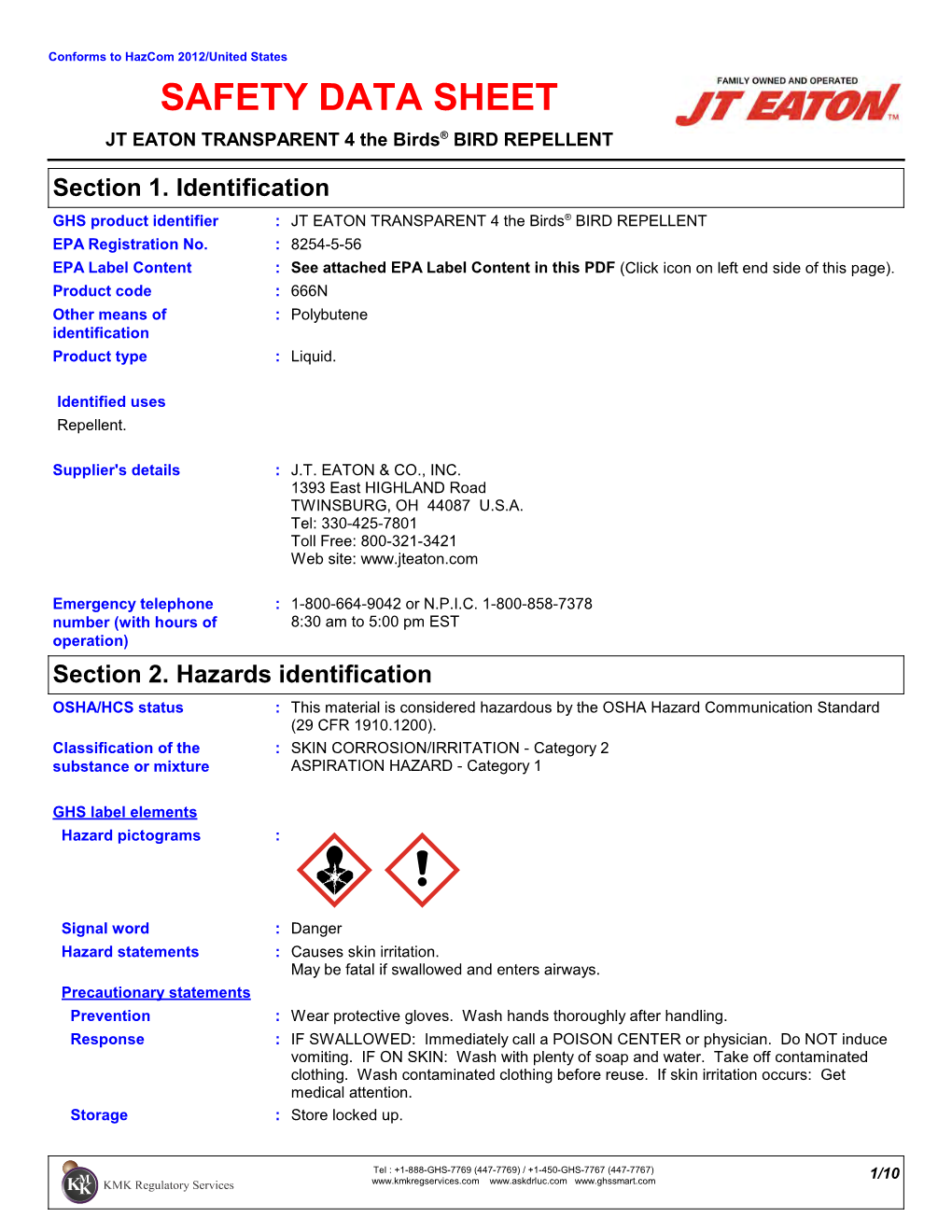 SAFETY DATA SHEET JT EATON TRANSPARENT 4 the Birds® BIRD REPELLENT