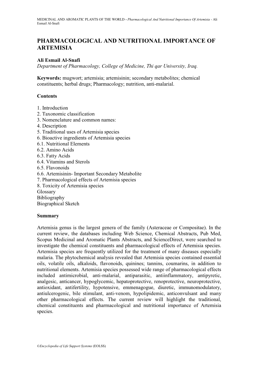 Pharmacological and Nutritional Importance of Artemisia - Ali Esmail Al-Snafi