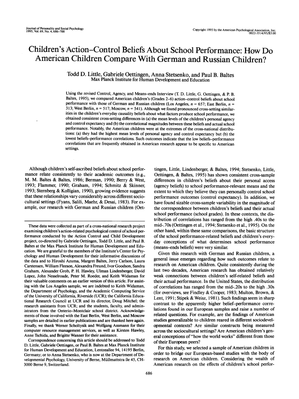 Children's Action-Control Beliefs About School Performance: How Do American Children Compare with German and Russian Children?