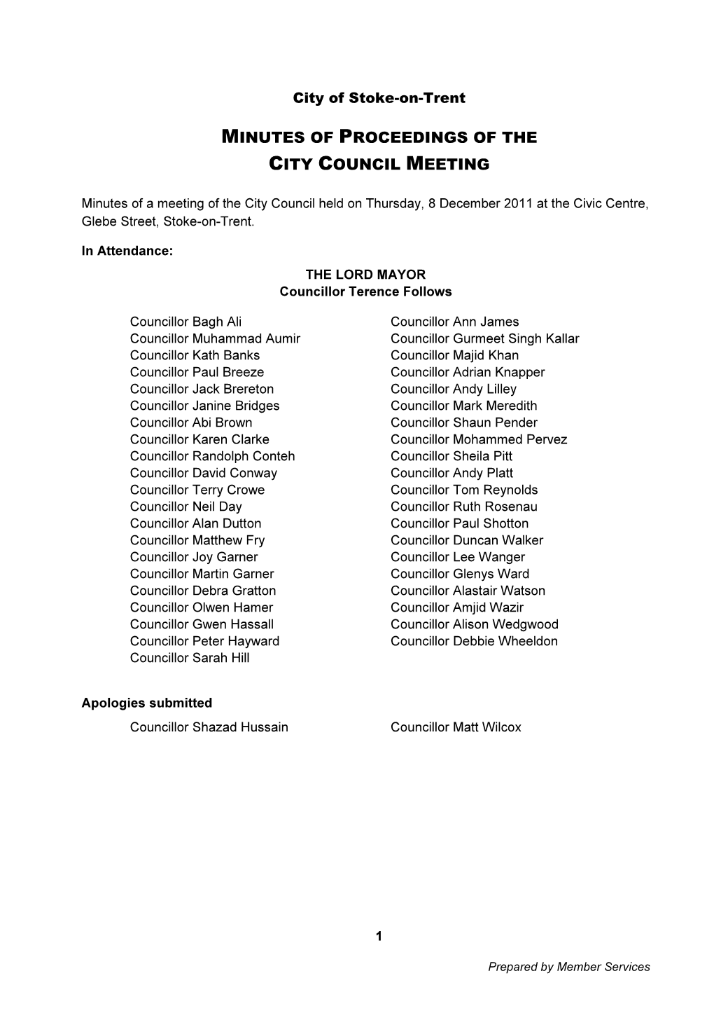 Minutes of Proceedings of the City Council Meeting