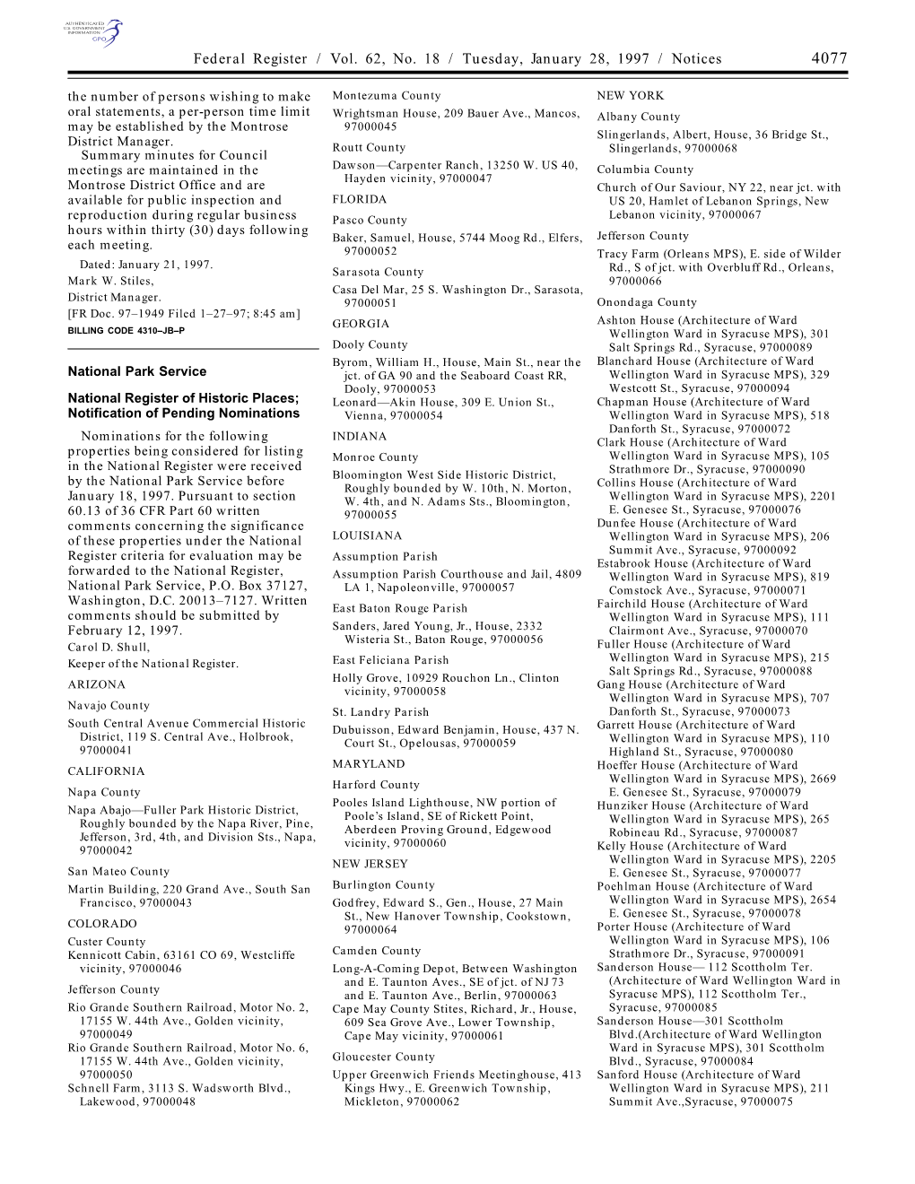 Federal Register / Vol. 62, No. 18 / Tuesday, January 28, 1997 / Notices
