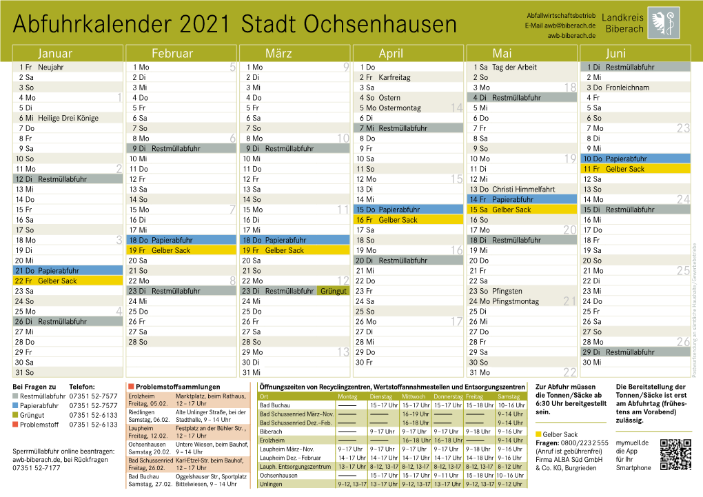 Abfuhrkalender 2021 Stadt Ochsenhausen