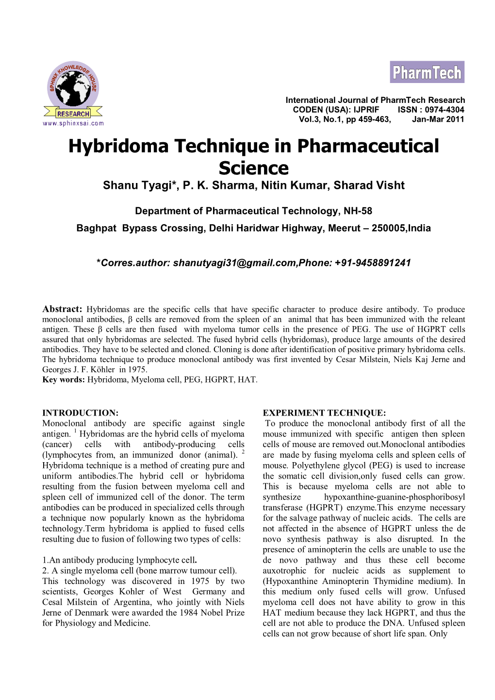 Hybridoma Technique in Pharmaceutical Science Shanu Tyagi*, P