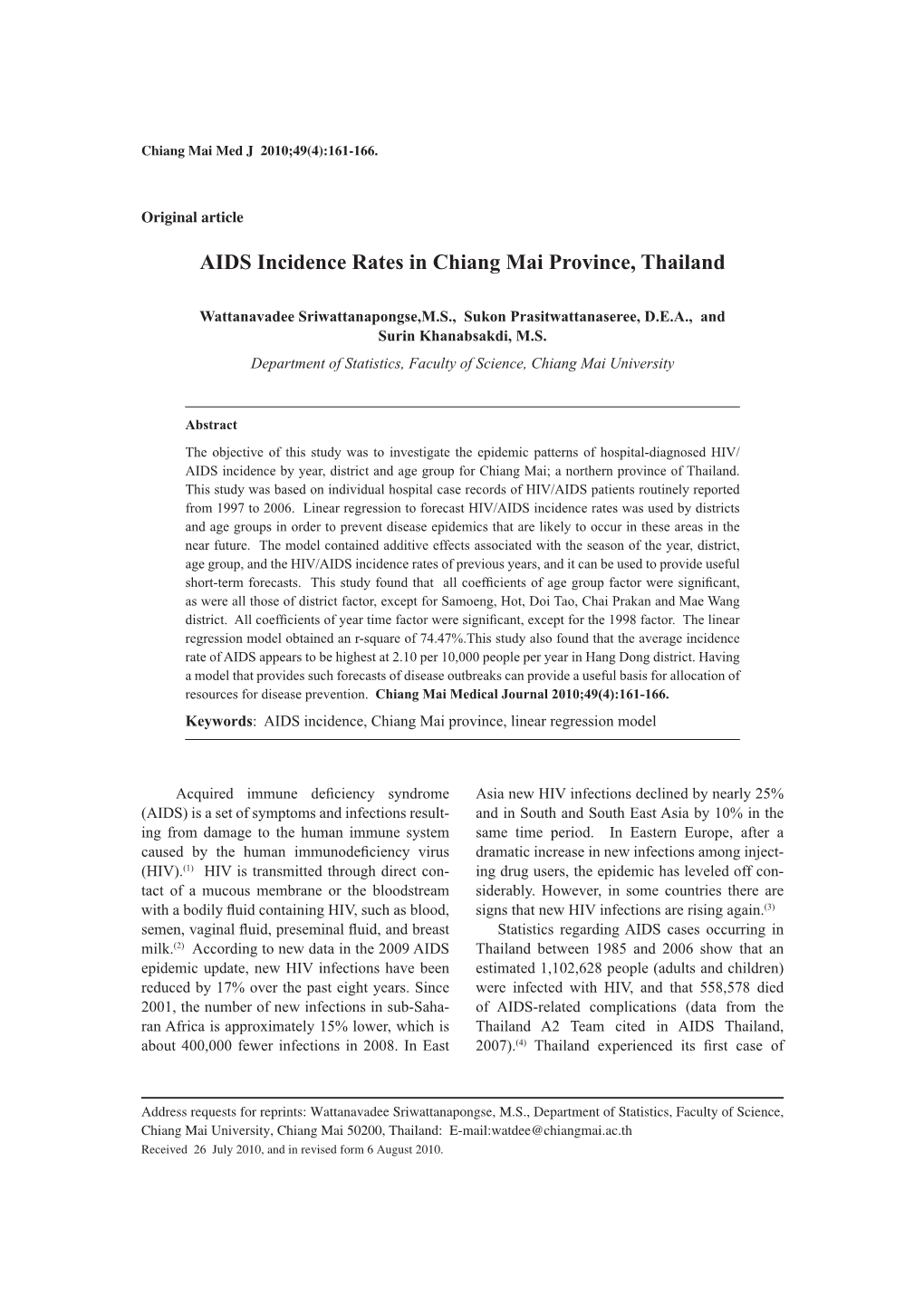 AIDS Incidence Rates in Chiang Mai Province, Thailand