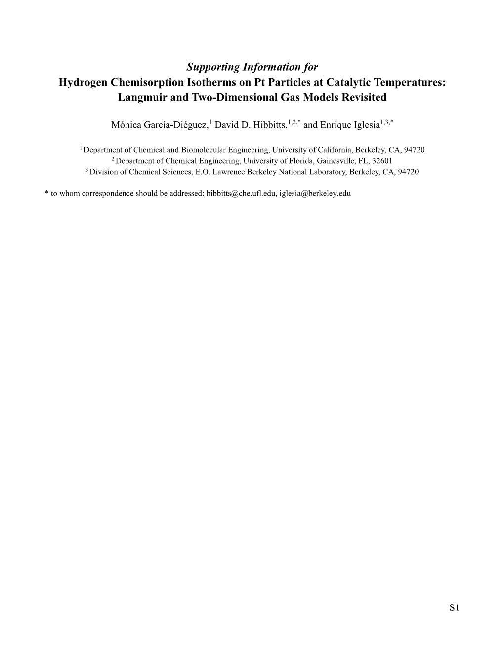 Supporting Information for Hydrogen Chemisorption Isotherms on Pt Particles at Catalytic Temperatures: Langmuir and Two-Dimensional Gas Models Revisited