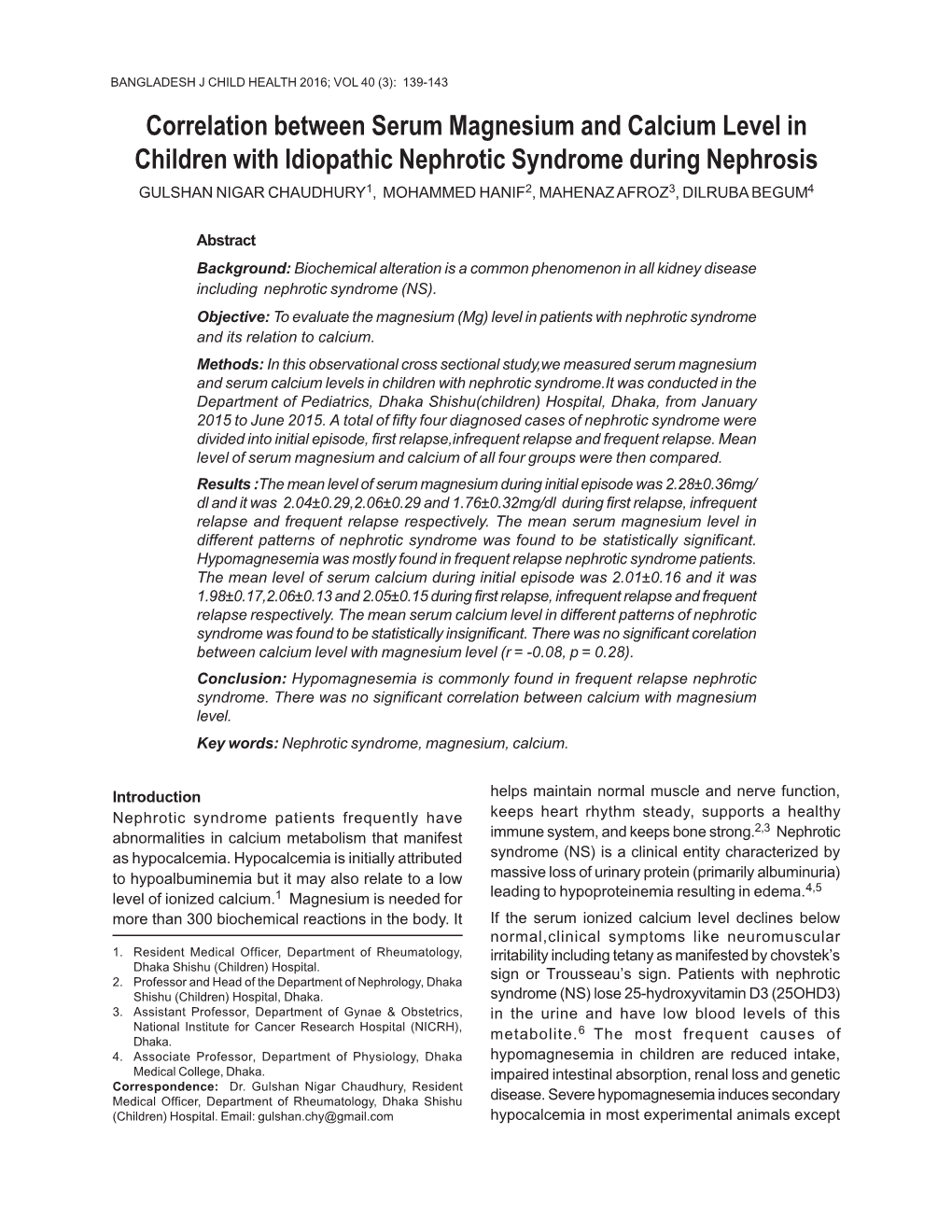 Correlation Between Serum Magnesium and Calcium Level in Children with Idiopathic Nephrotic Syndrome During Nephrosis