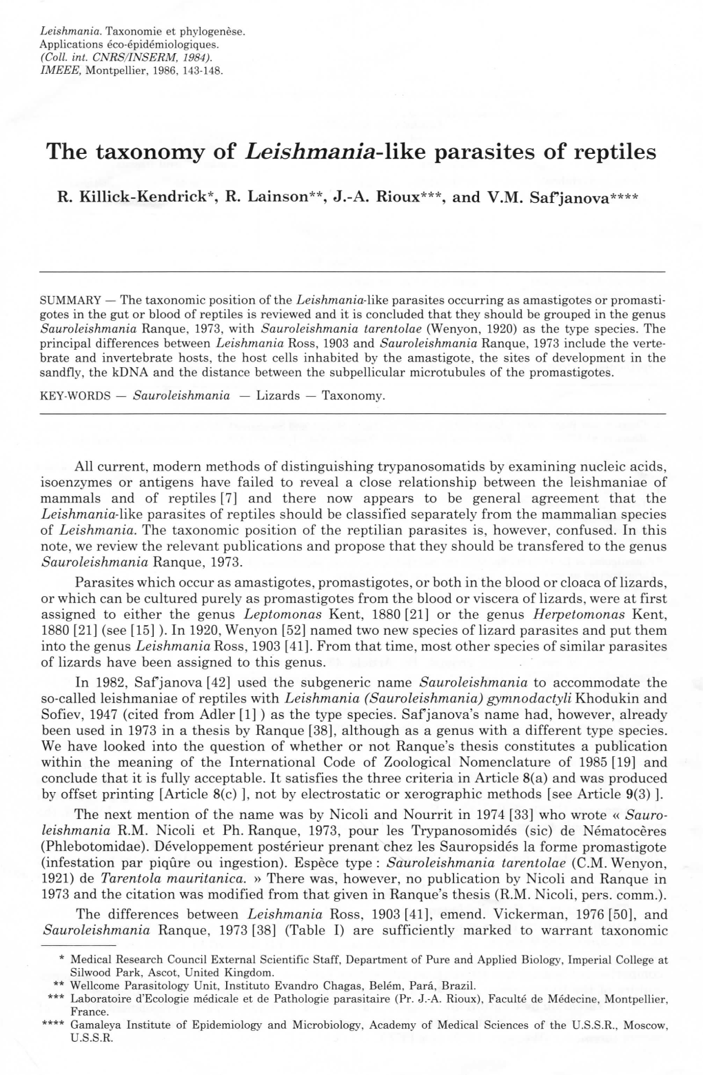 The Taxonomy of Leishmania-Like Parasites of Reptiles