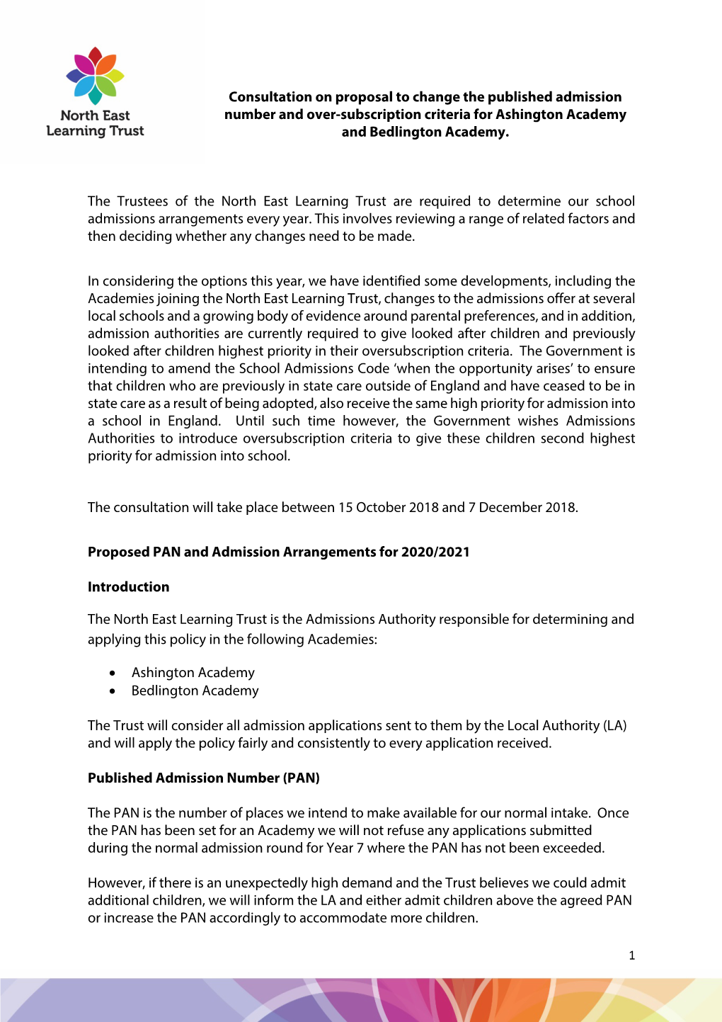 Consultation on Proposal to Change the Published Admission Number and Over-Subscription Criteria for Ashington Academy and Bedlington Academy