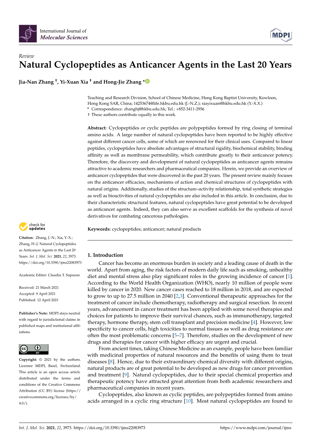 Natural Cyclopeptides As Anticancer Agents in the Last 20 Years