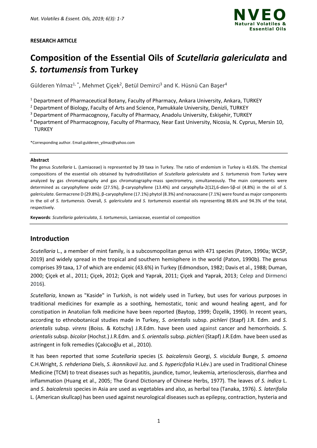 Composition of the Essential Oils of Scutellaria Galericulata and S. Tortumensis from Turkey