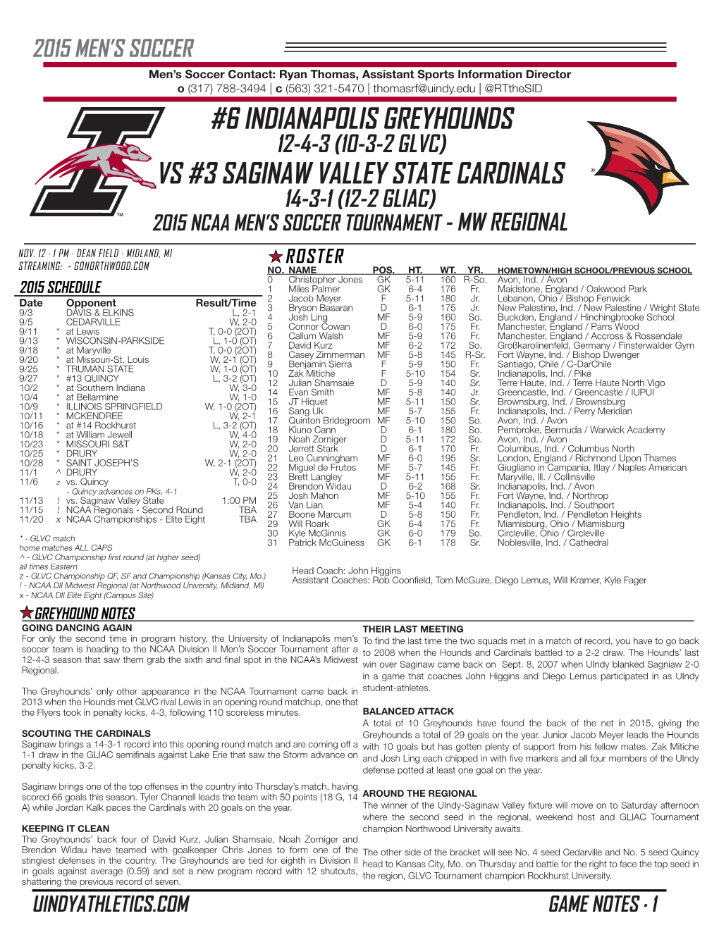 6 Indianapolis Greyhounds Vs #3 Saginaw Valley State