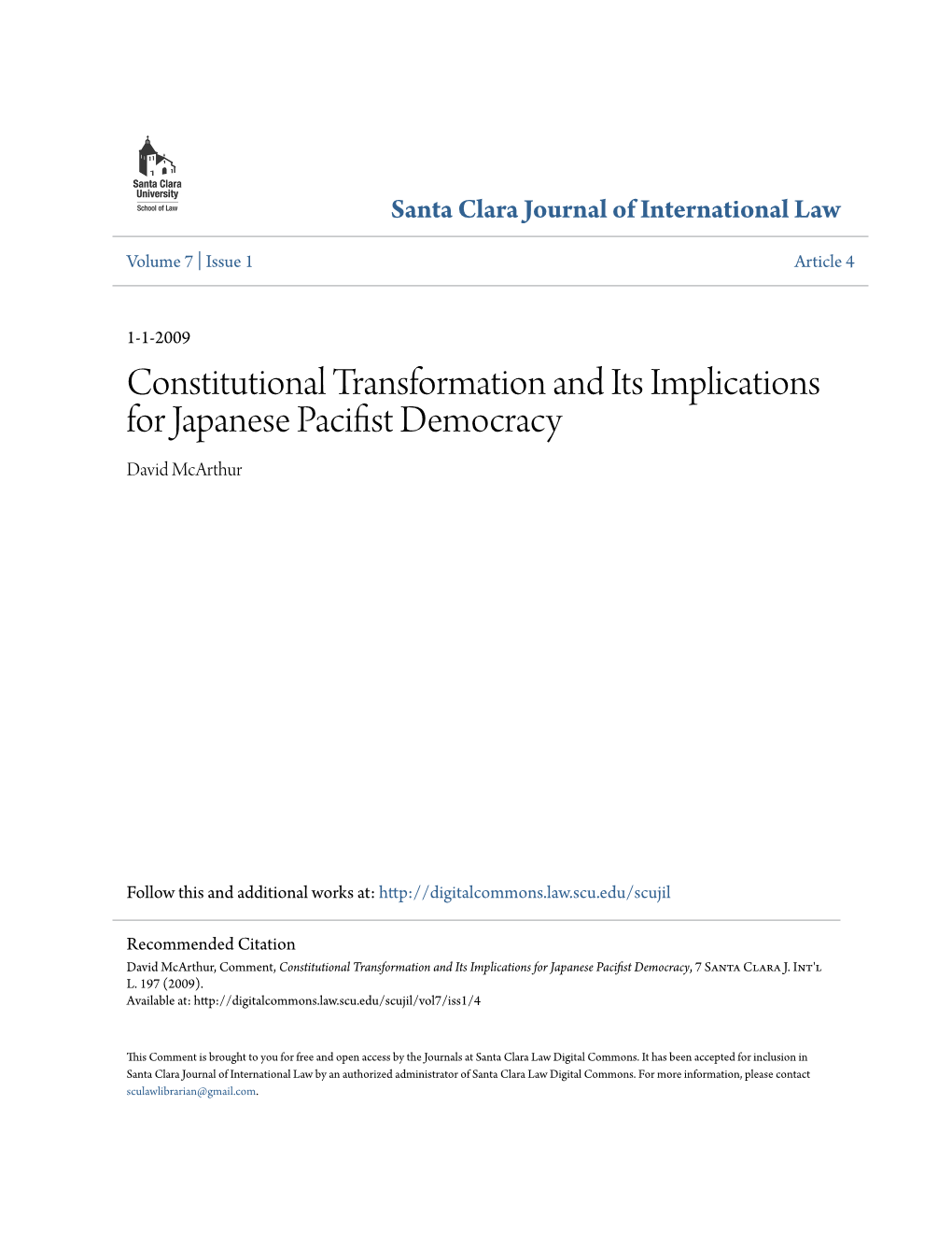 Constitutional Transformation and Its Implications for Japanese Pacifist Democracy David Mcarthur