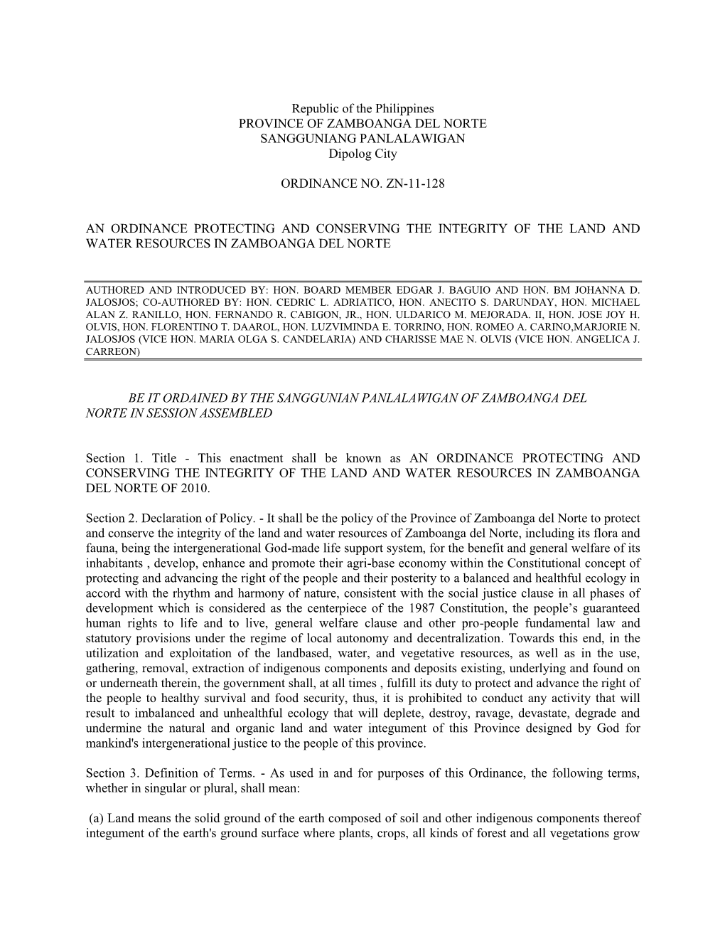 Republic of the Philippines PROVINCE of ZAMBOANGA DEL NORTE SANGGUNIANG PANLALAWIGAN Dipolog City