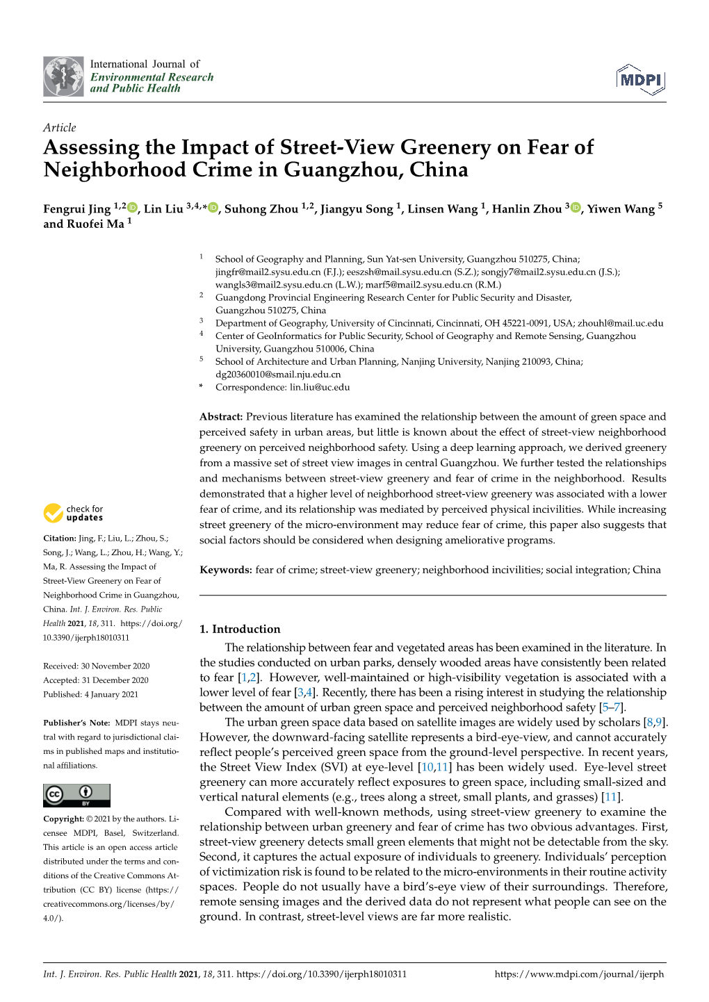 Assessing the Impact of Street-View Greenery on Fear of Neighborhood Crime in Guangzhou, China