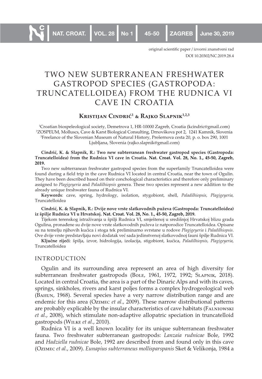 Two New Subterranean Freshwater Gastropod Species (Gastropoda: Truncatelloidea) from the Rudnica Vi Cave in Croatia