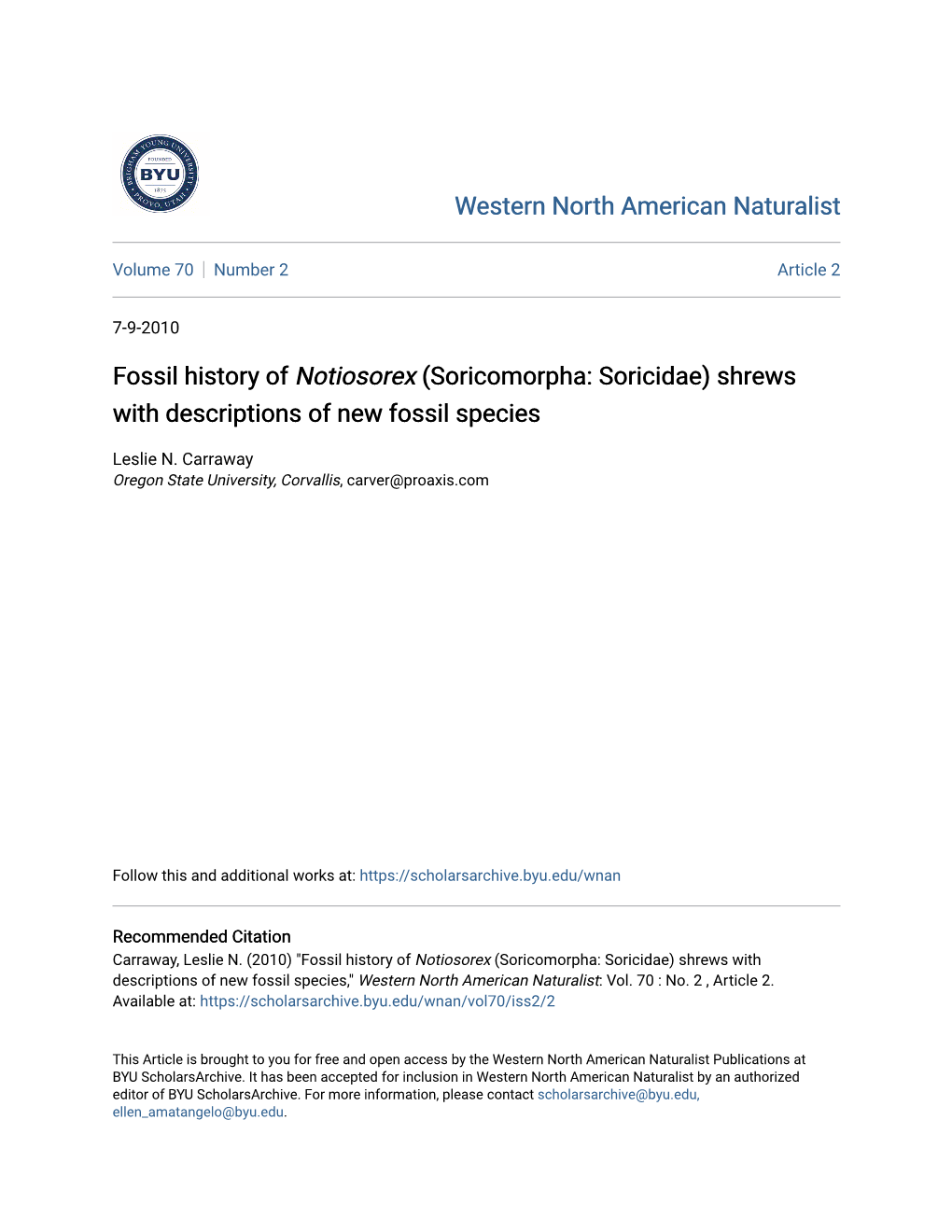 Fossil History of Notiosorex (Soricomorpha: Soricidae) Shrews with Descriptions of New Fossil Species