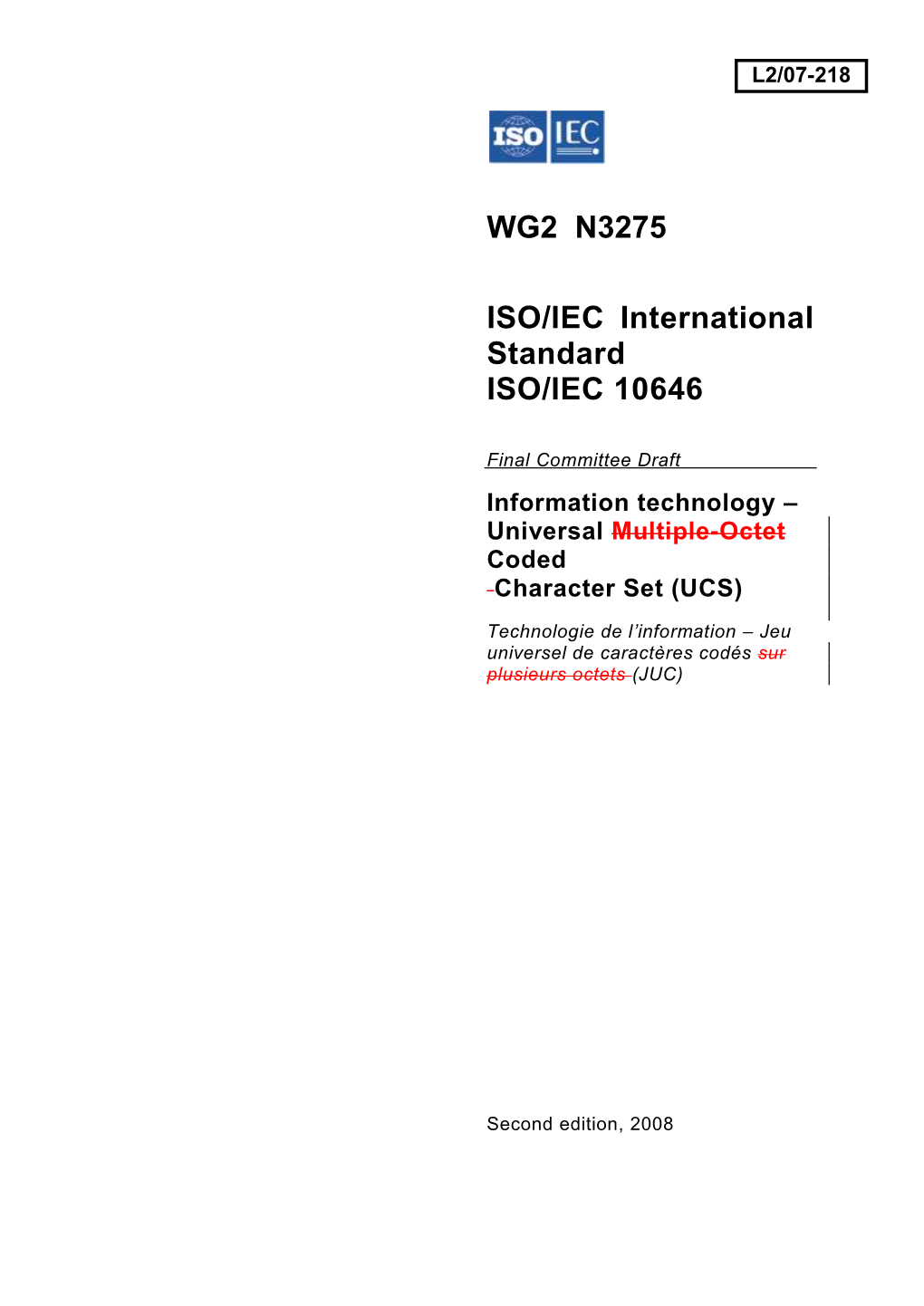 WG2 N3275 ISO/IEC International Standard ISO/IEC 10646