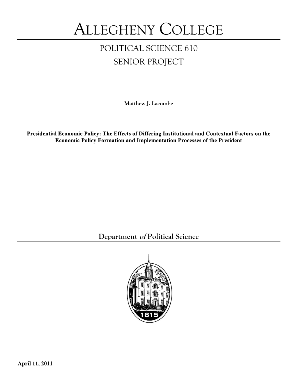 Allegheny College Political Science 610 Senior Project