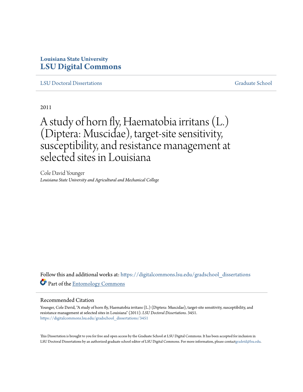 A Study of Horn Fly, Haematobia Irritans