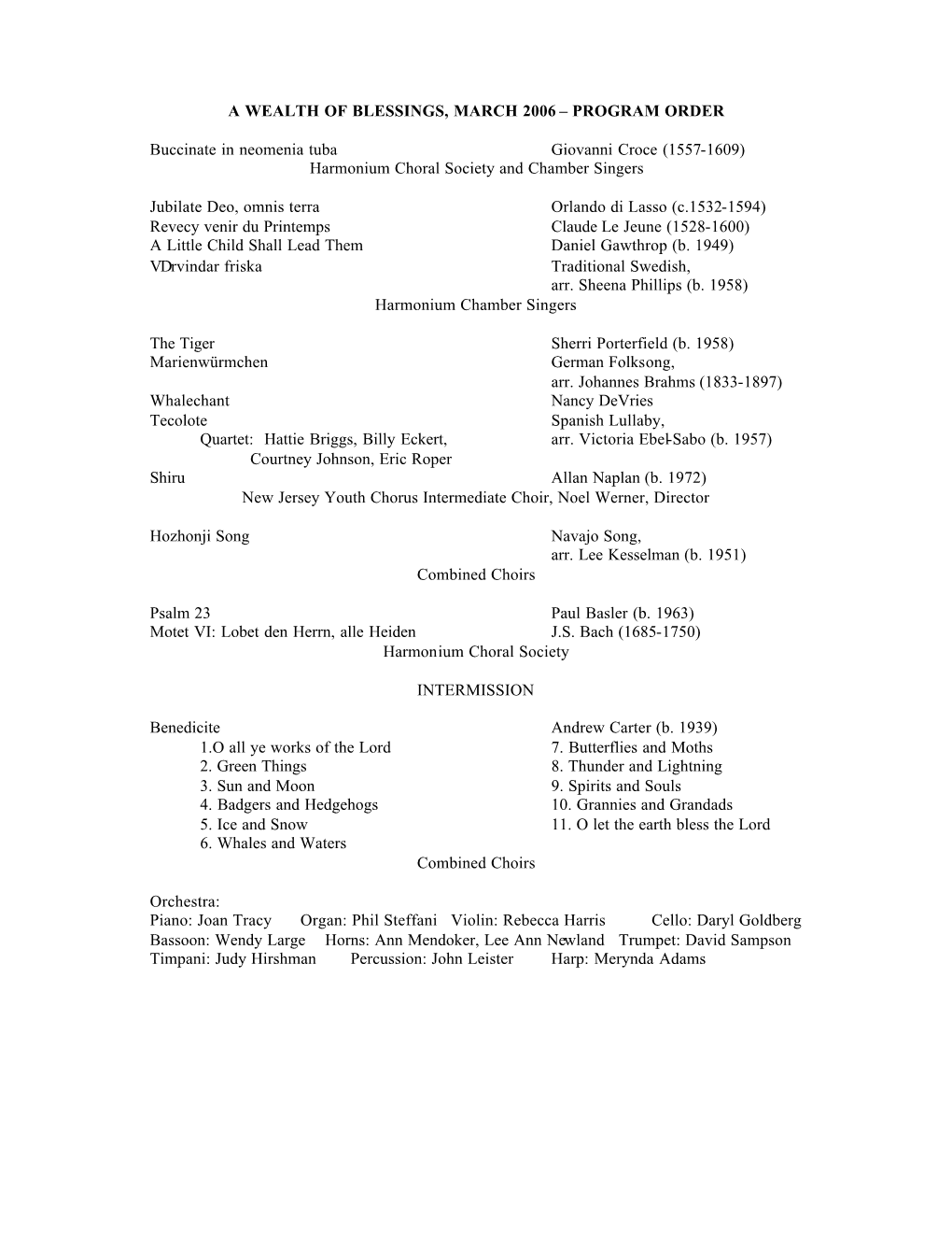 A Wealth of Blessings, March 2006 – Program Order