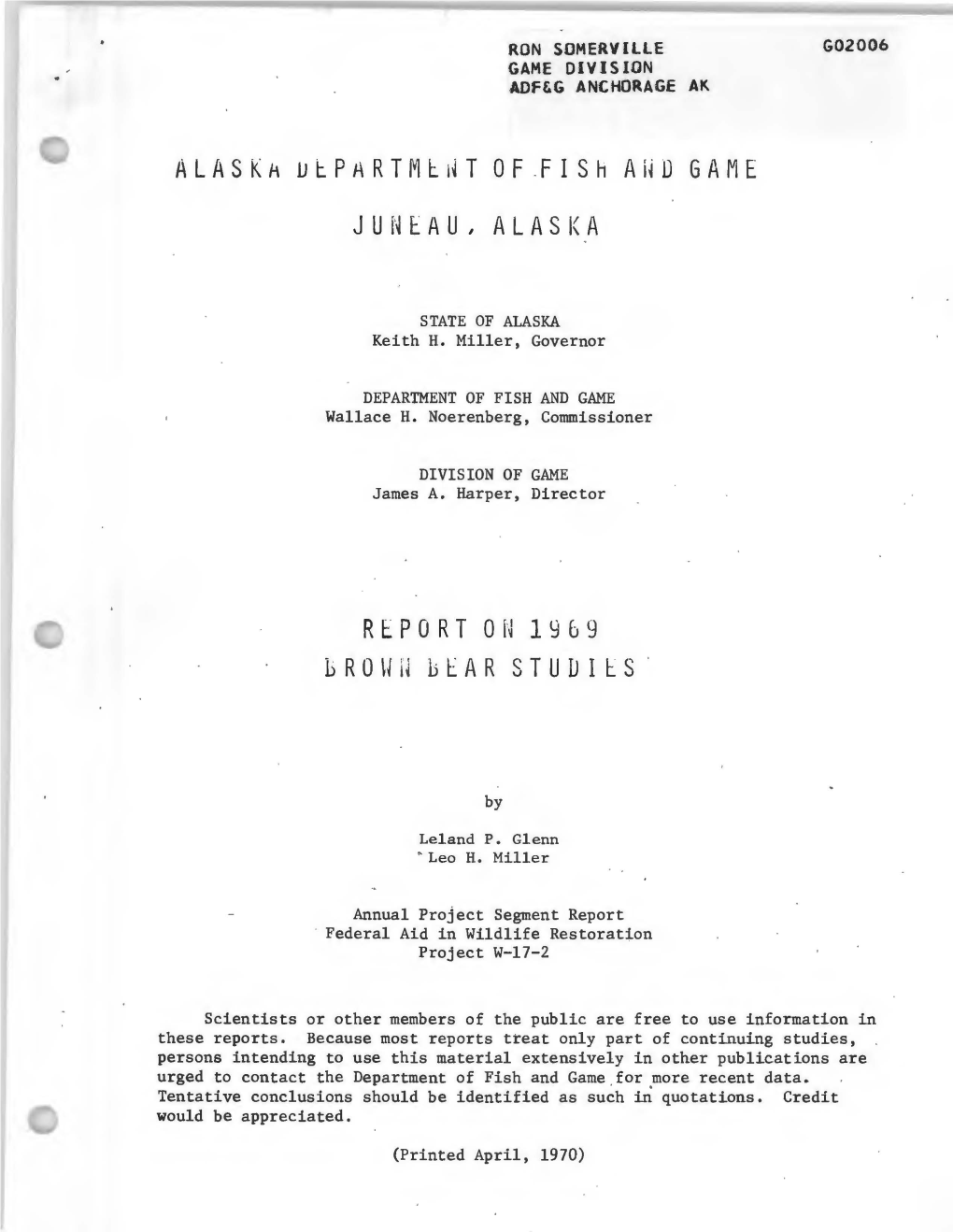 Report on 1969 Brown Bear Studies