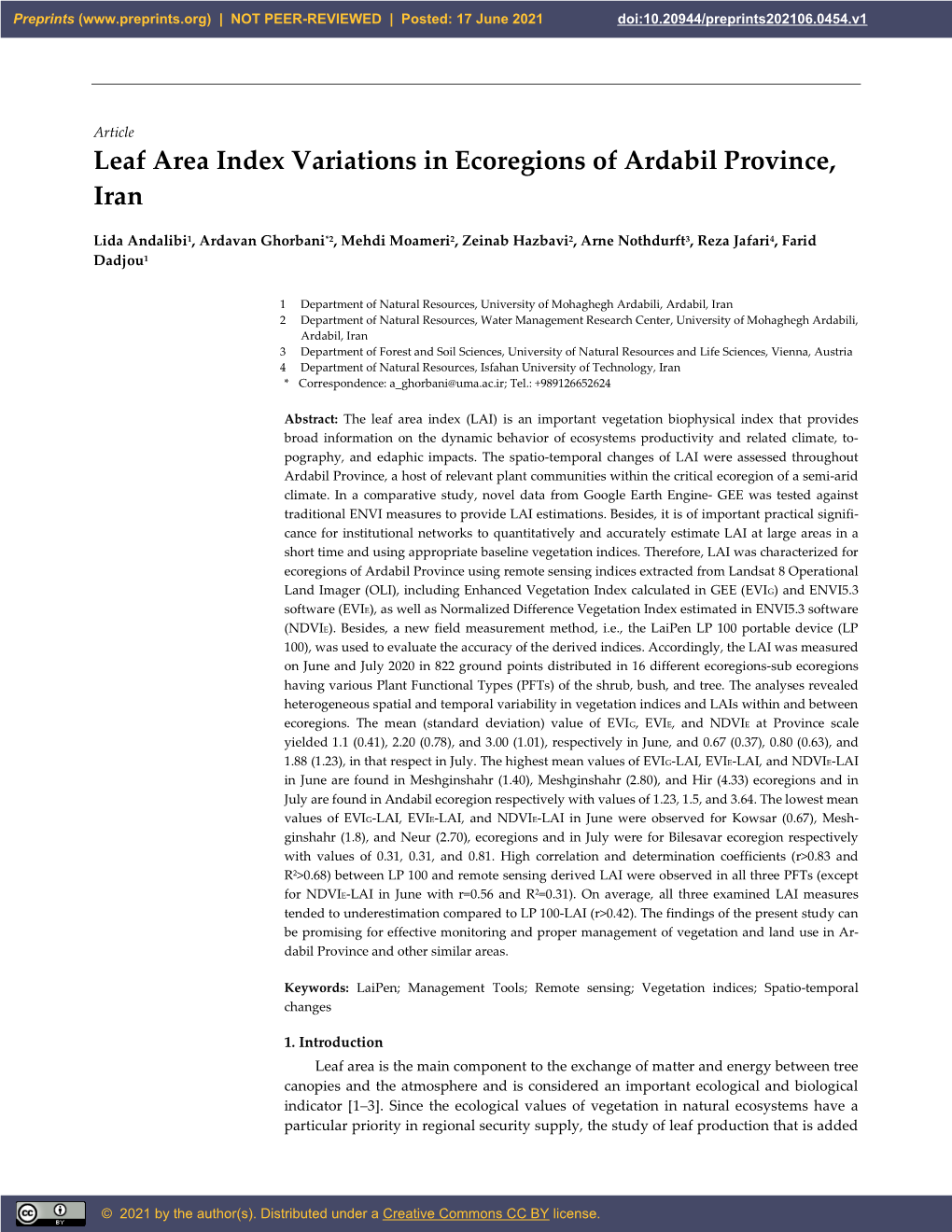 Leaf Area Index Variations in Ecoregions of Ardabil Province, Iran